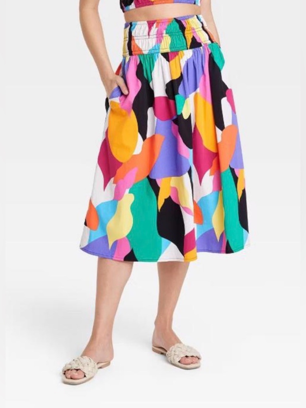 a new day Bright Multicolored Smocked Midi A-Line Skirt